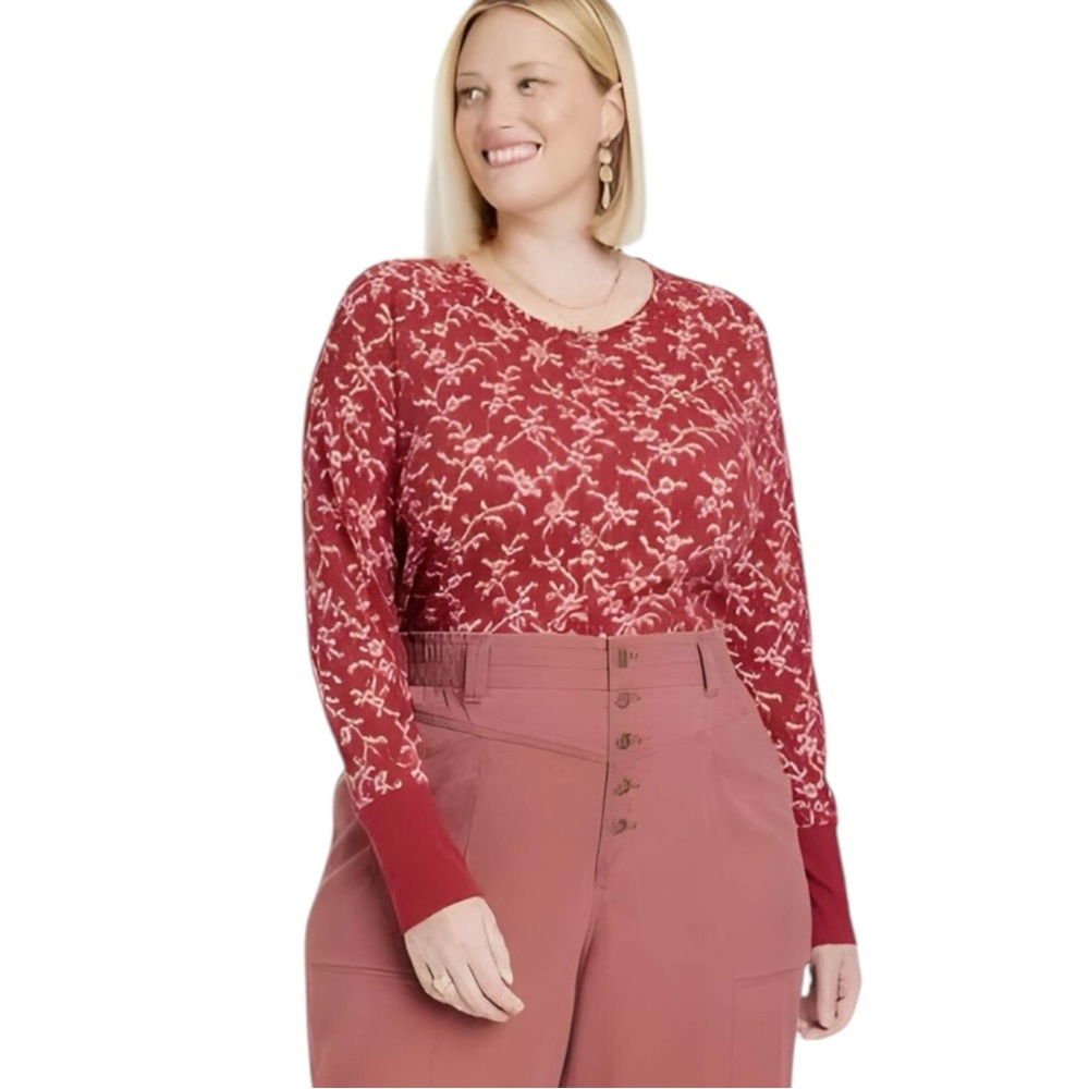 NEW Knox Rose Burgundy Red Print Long Sleeve Thermal Shirt Top size XXL